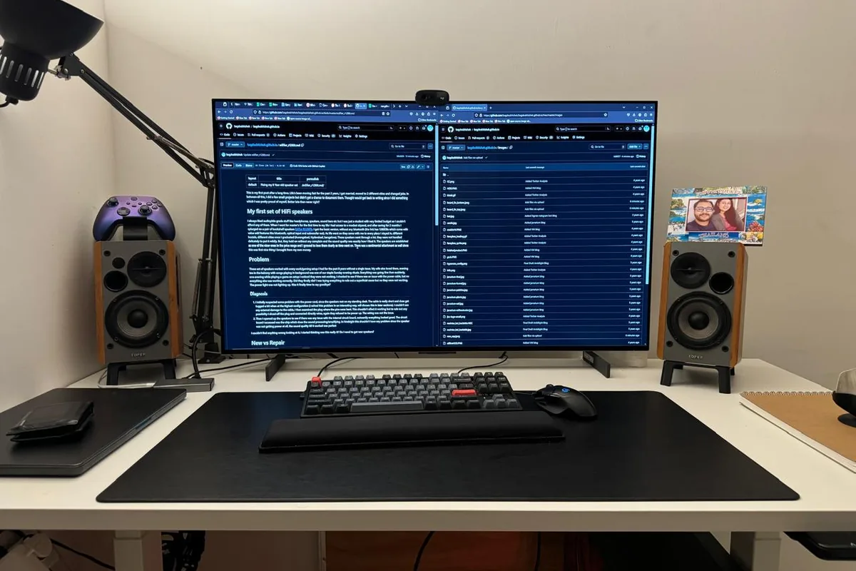 Desk setup with repaired Edifier speakers