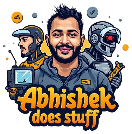 Illustrated Abhishek surrounded by maker and robotics motifs